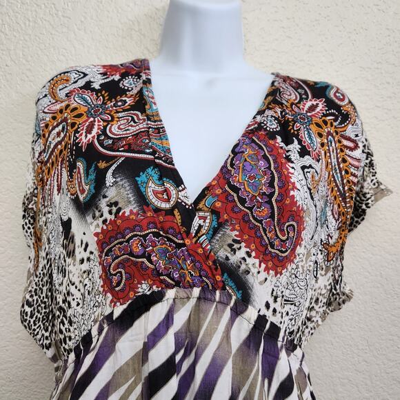 She's Cool Purple Black White Crisscross Bodice Mini Dress Large Batwing Sleeves - Picture 2 of 4